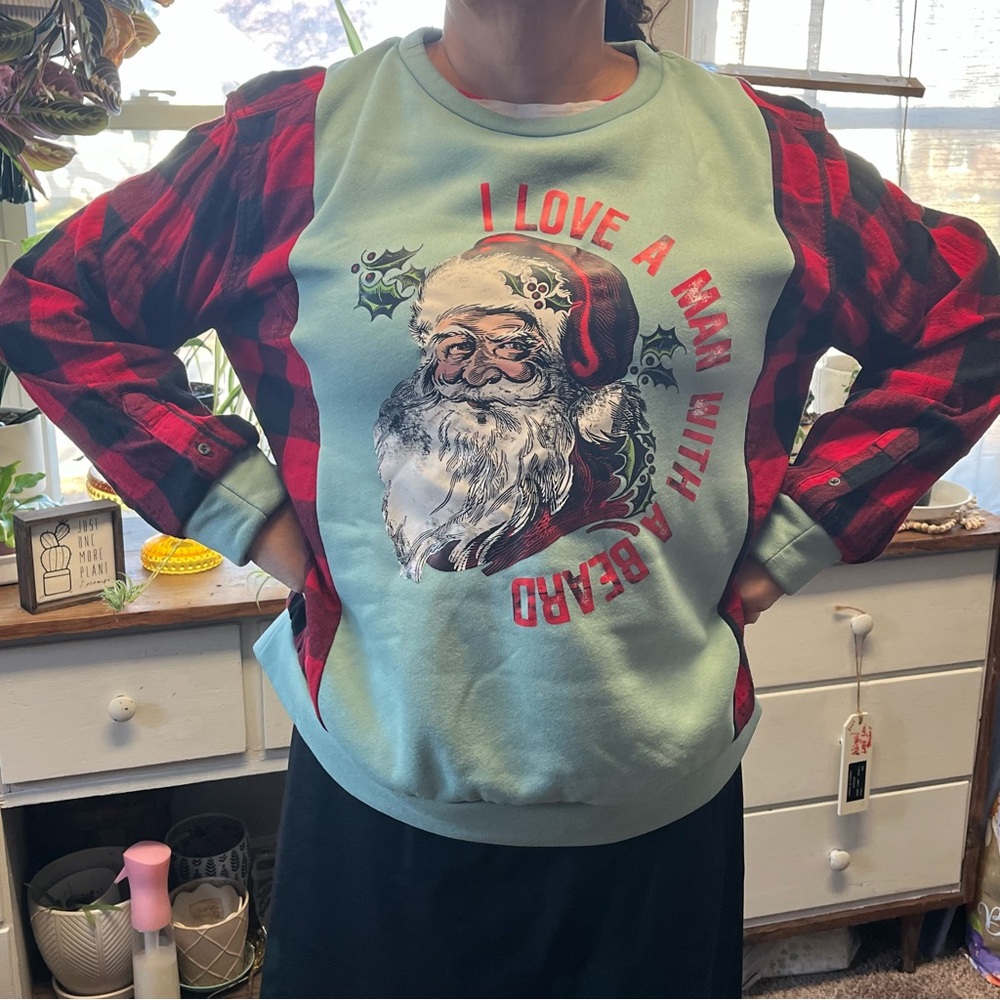 Upcycled handmade, Santa Claus flannel sweatshirt, size medium/large red plaid
